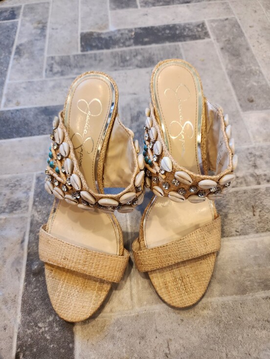 Jessica Simpson Shoes - Jessica SIMPSON Beaded Shell Embellished Woven Slide Sandals - Natural